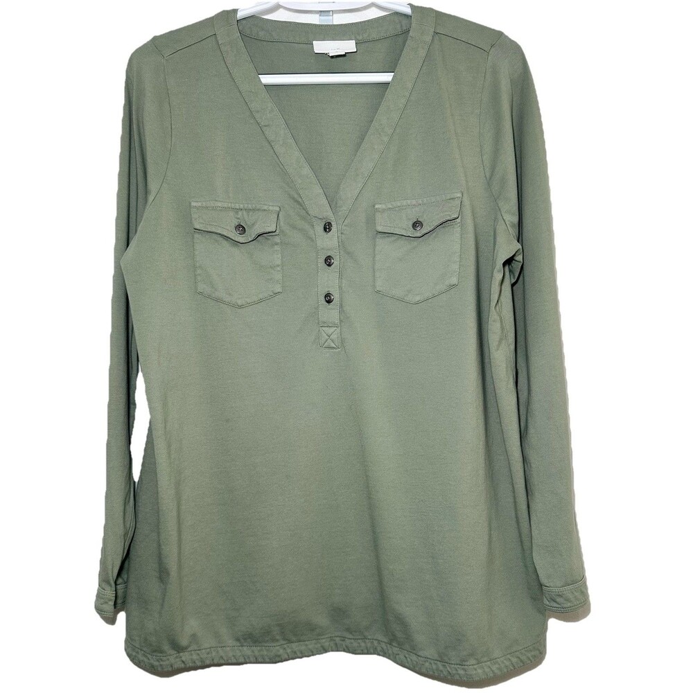 J Jill Olive Green Cotton Henley Utility Blouse Womens Medium Button Pocket